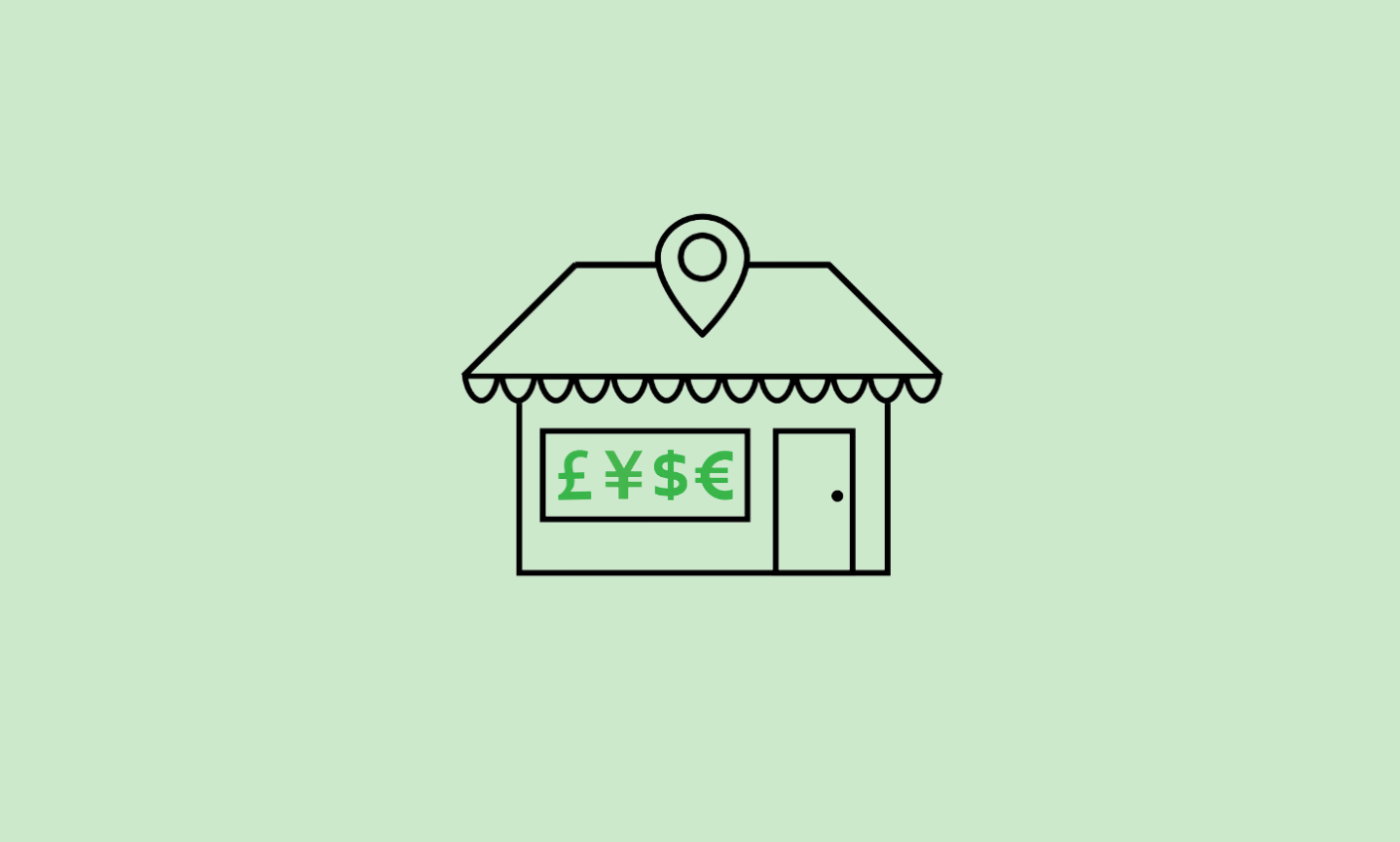 Currency click and collect icon featuring a shop graphic with currency symbols