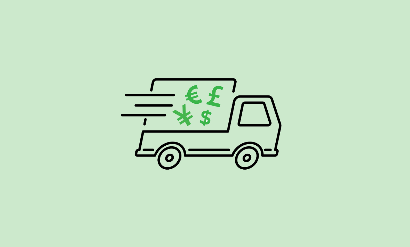 Currency click and deliver icon featuring a delivery van graphic with currency symbols for same day delivery