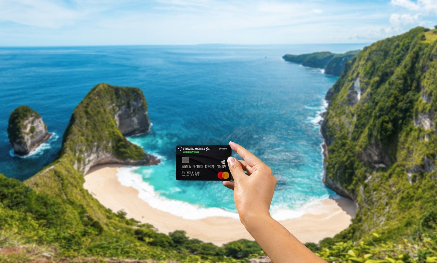 Using Currency Pass travel money card in Bali, Indonesia, featuring Nusa Penida