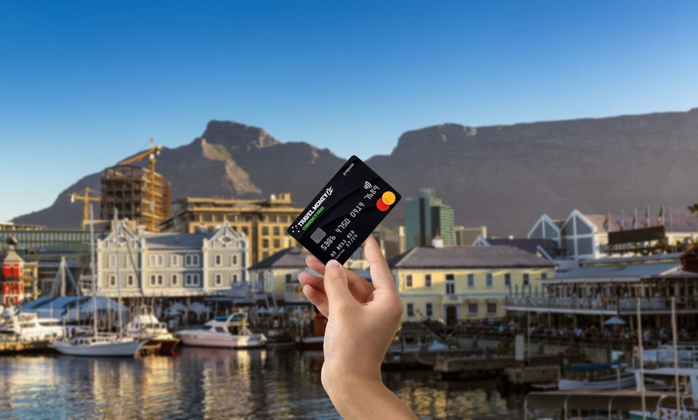 Using Currency Pass travel money card in South Africa, featuring Cape Town