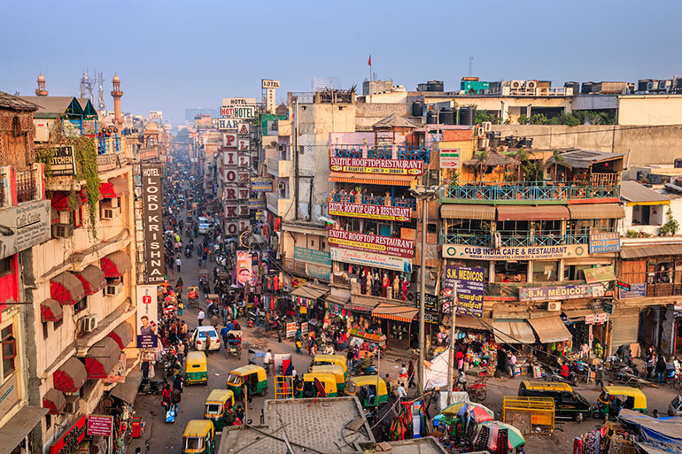 Indian buildings and busy street