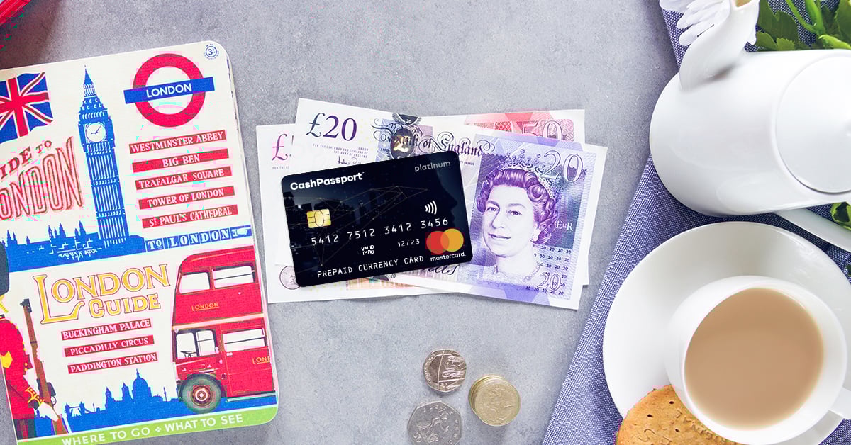Great British Currency with travel money card and cup of tea