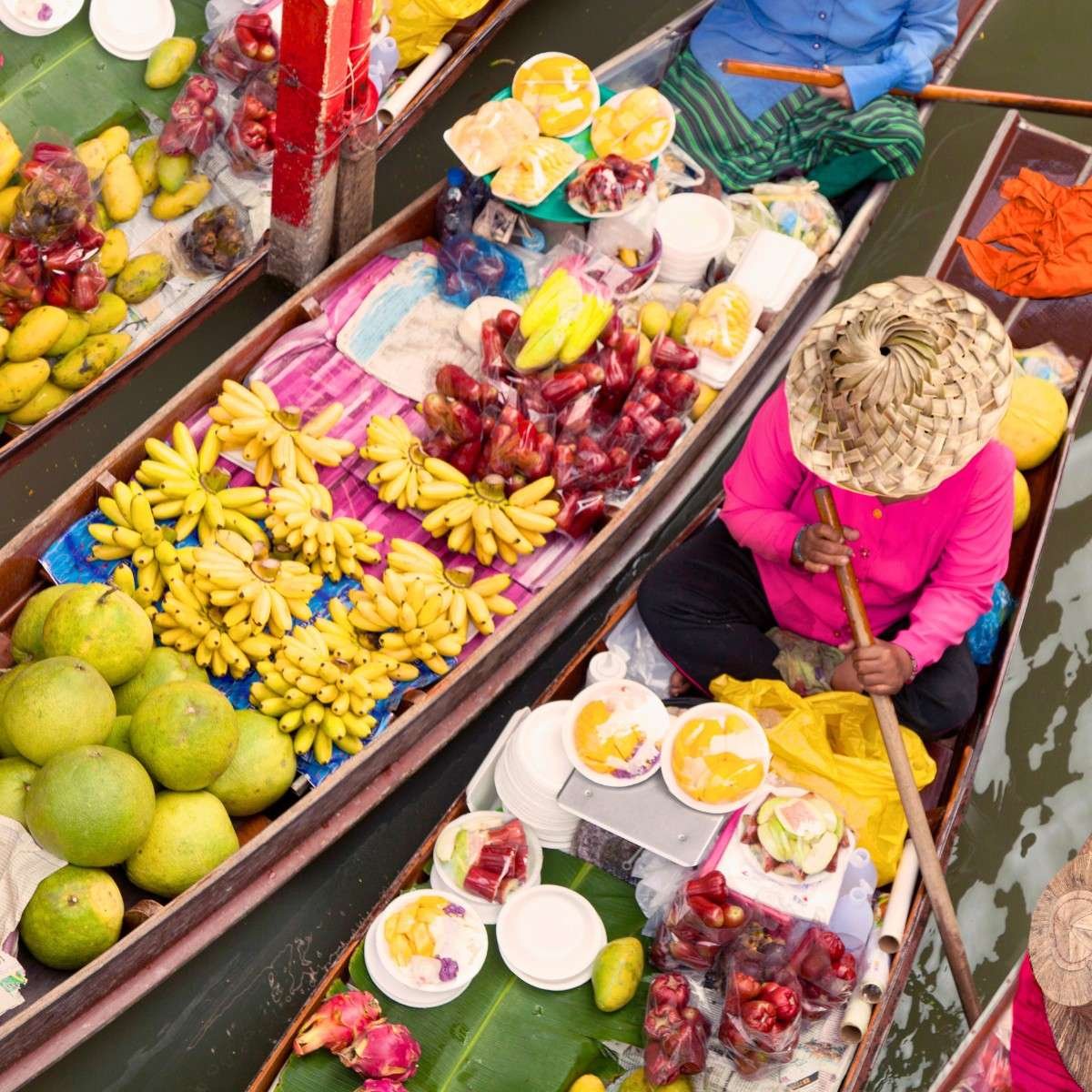 An aerial shot of the Damnoen Saduak Floating Market