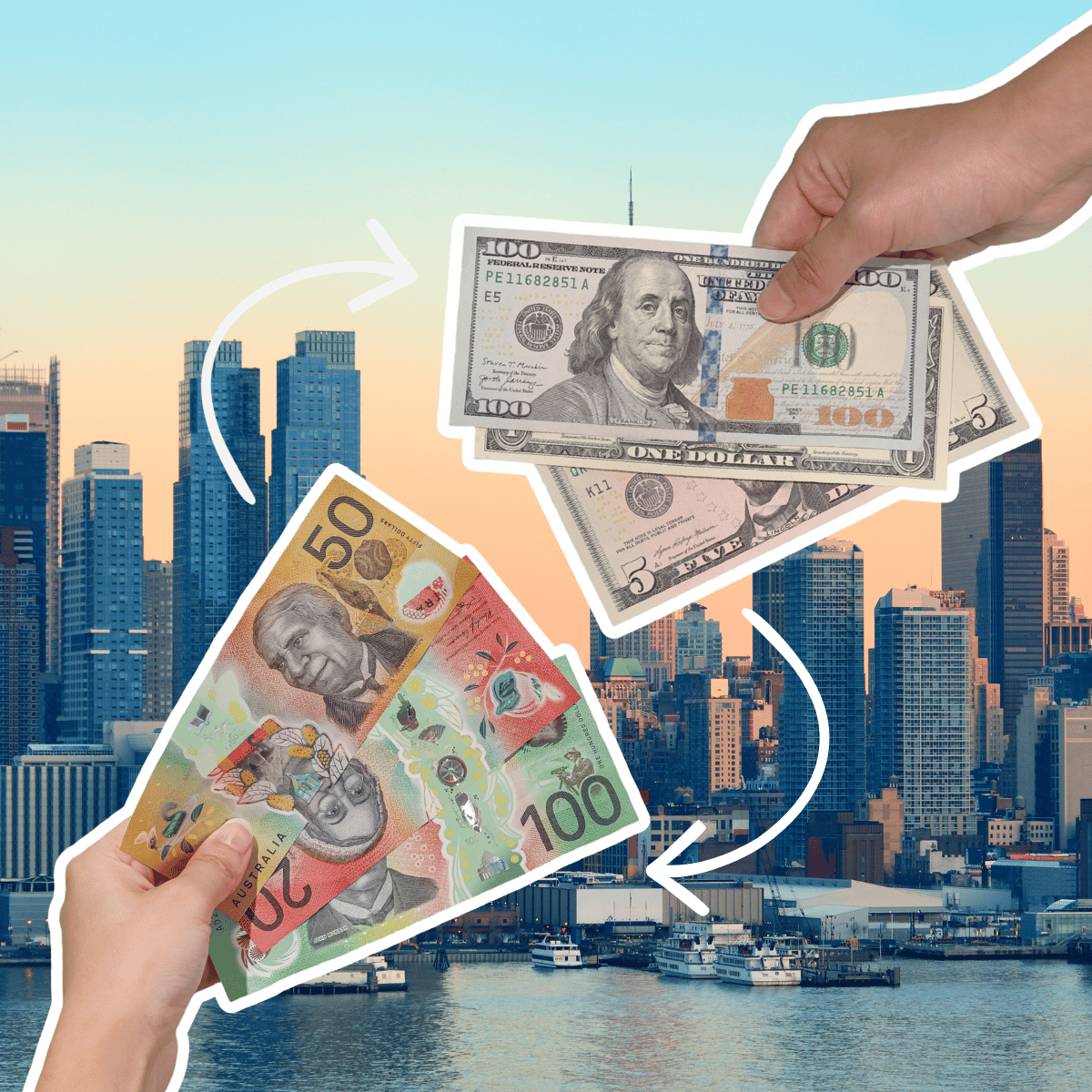 Australian Dollar and United States Dollar bills