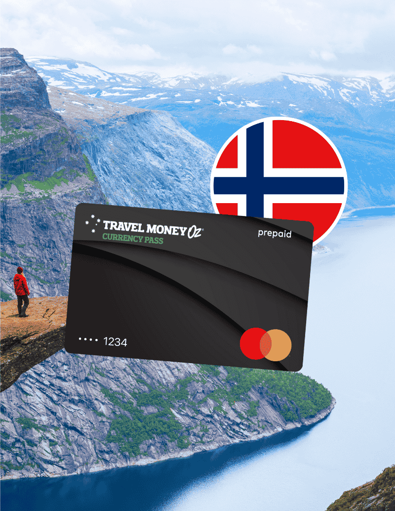 Travel Money Card with Norwegian flag and Norway landscape background showing fjords (1)