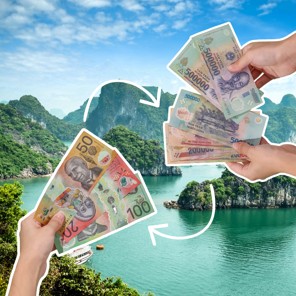 Hands holding Australian Dolllar and Vietnamese Dong notes