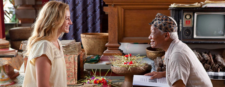 Bali. Eat Pray Love Film Still of Elizabeth Gilbert and Ketut Liyer.