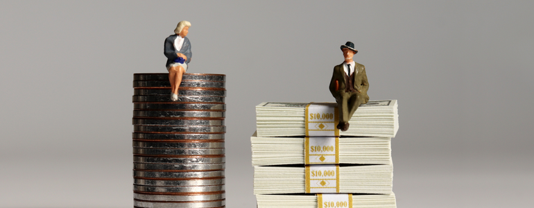 A man and a woman sit upon two stacks of money. The woman is sitting higher than the man, but on coins. The man sits below the woman, but on stacks of $100 bills. This depicts the illusion that women have more rights than men, when the opposite is true. A man and a woman sit upon two stacks of money. The woman is sitting higher than the man, but on coins. The man sits below the woman, but on stacks of $100 bills. This depicts the illusion that women have more rights than men, when the opposite is true.