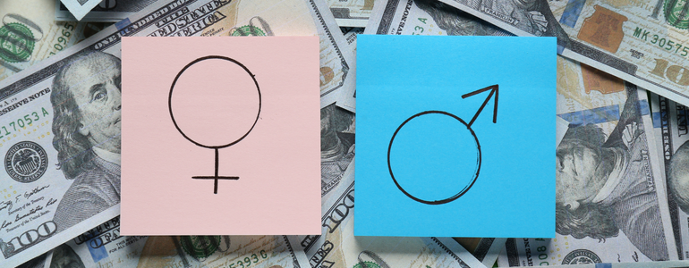 Symbols for female and male on pink and blue sticky notes on top of a pile of money - symbolising the gender pay gap. Symbols for female and male on pink and blue sticky notes on top of a pile of money - symbolising the gender pay gap.