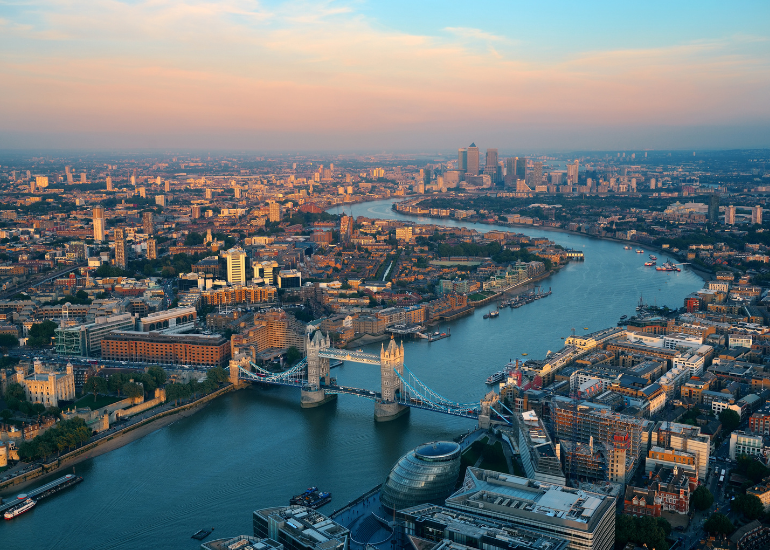 London Public Transport Guide Aerial view of London at Dusk