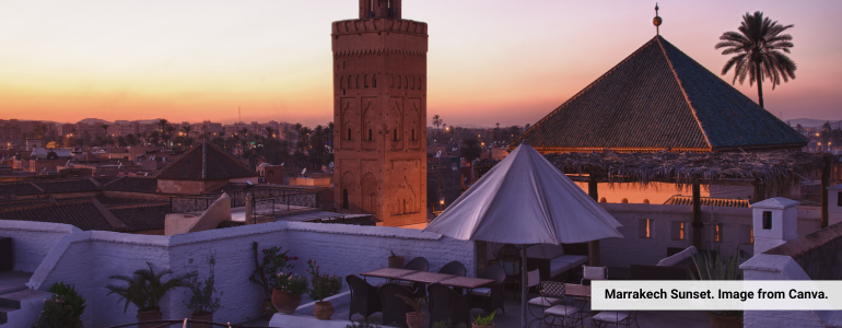 Marrakech at sunset on the rooftop of a Moroccan Riad, overlooking The Red City. Marrakech at sunset on the rooftop of a Moroccan Riad, overlooking The Red City.