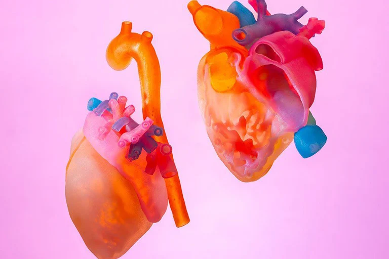 3d printed model of a heart, split into two pieces, floating in front of a pink background.