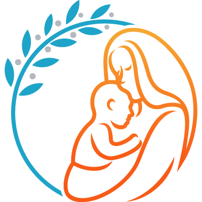 Maternal Care badge logo with a stylized depiction of a mother and baby in a circle with a laurel branch