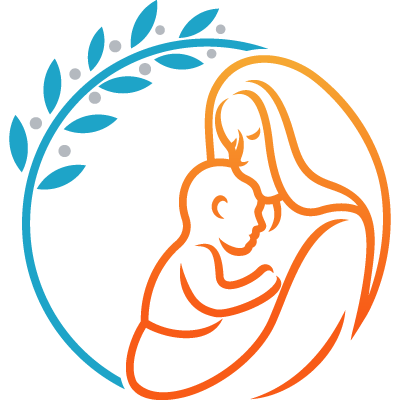 Maternal Care badge logo with a stylized depiction of a mother and baby in a circle with a laurel branch