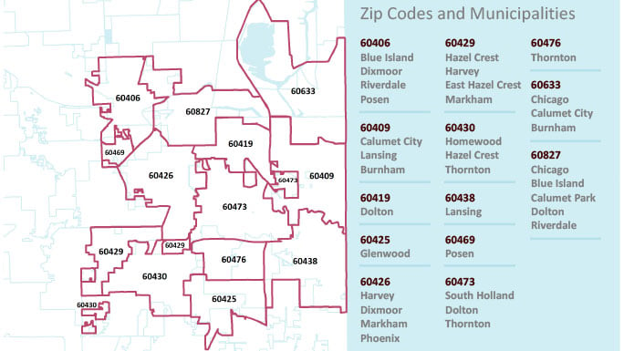 Map of UChicago Medicine's Southland service area zip code map