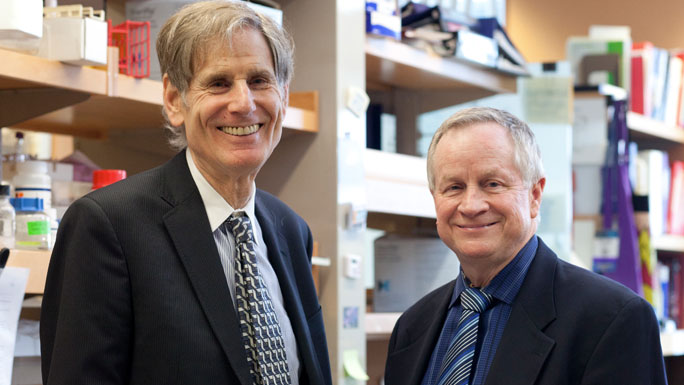 Ralph Weiselbaum, MD, and Geoffrey Greene, PhD, in lab