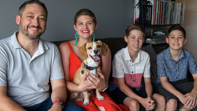 Lexi Fielder with her husband, Jeff Penzenik, stepsons, Nathan and Lucas, and the family dog, Fred