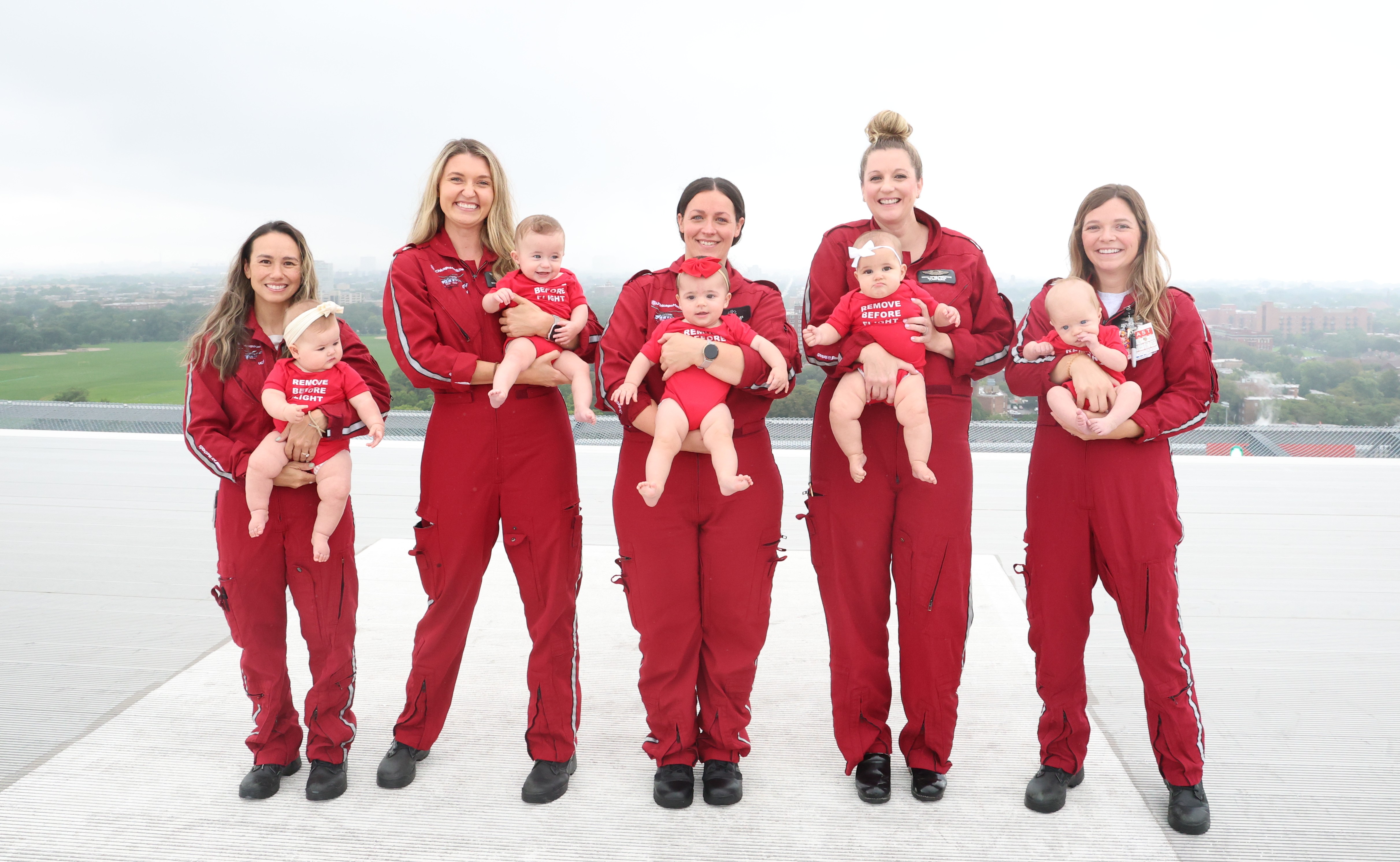  Five flight nurses from the University of Chicago Medicine Aeromedical Network recently became new moms. (Tim Olk)