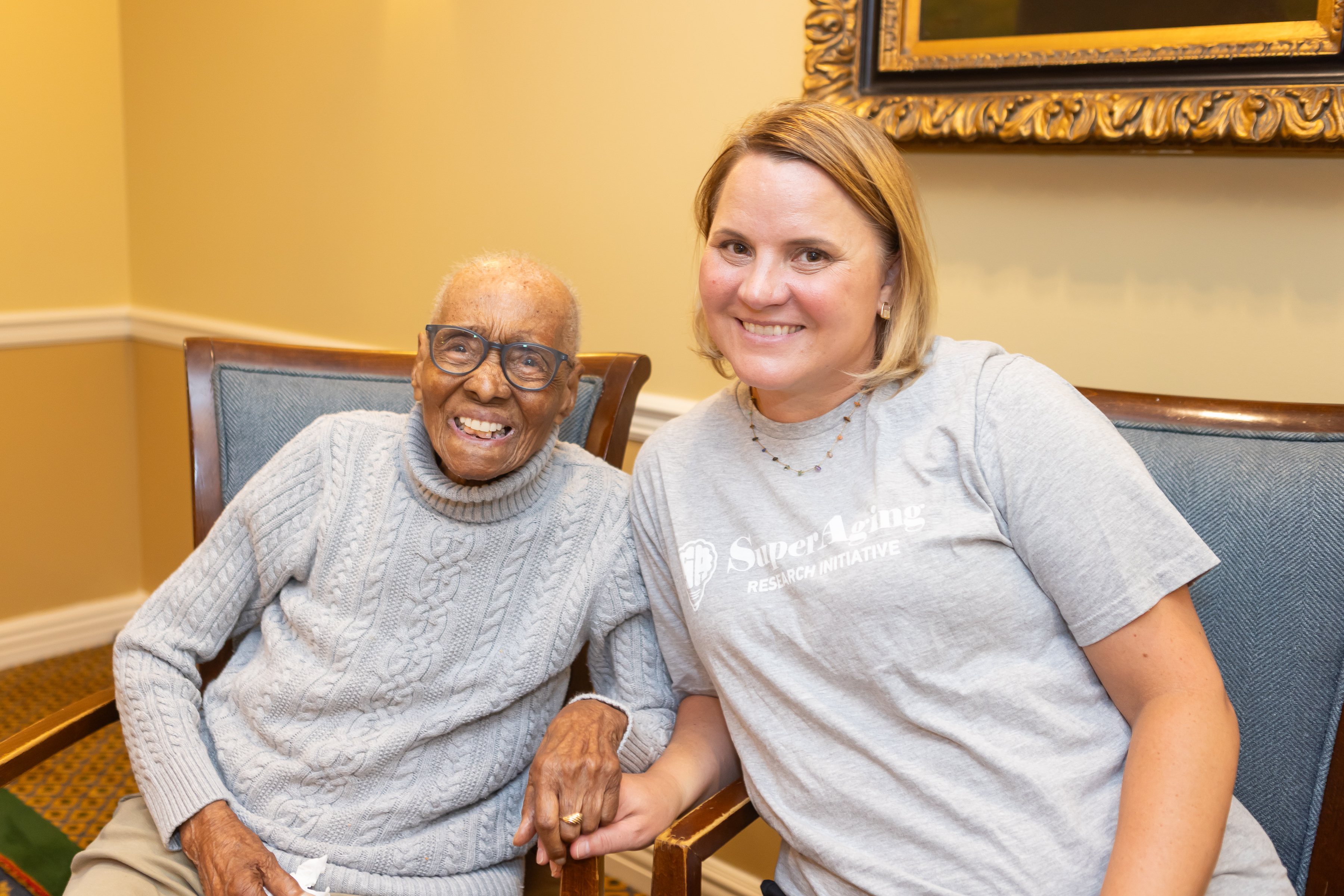 Edith Renfrow Smith, 111, a participant in UChicago’s SuperAging Research Initiative, with Emily Rogalski, PhD.
