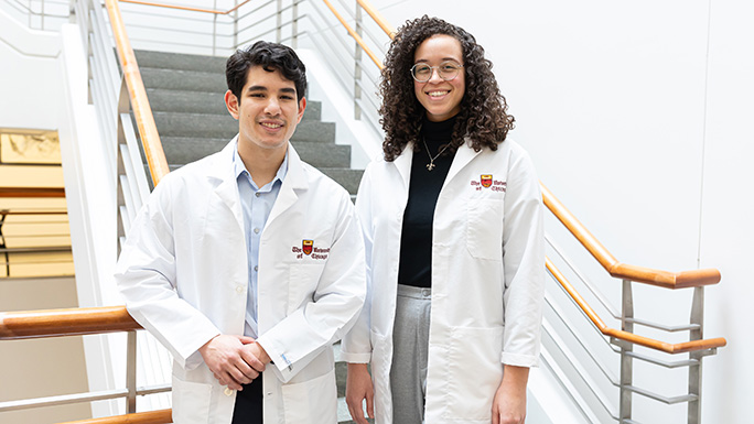 Medical students Christian Carrier, left, and Samantha Morris