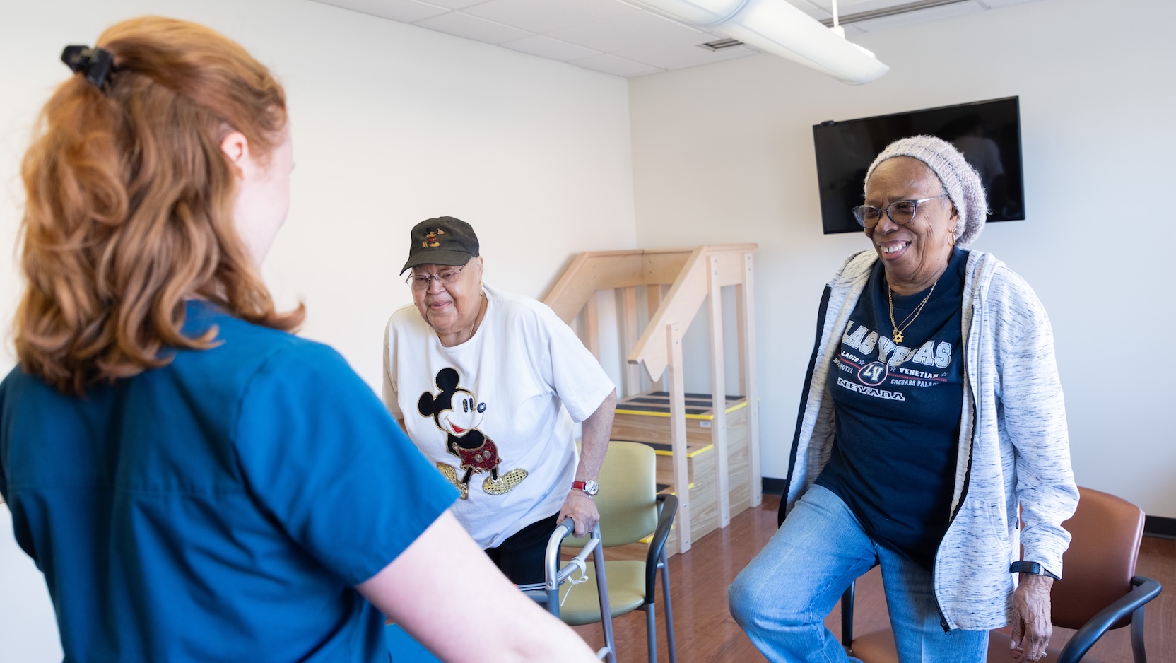 Physical therapist Stephanie Groth leads patients in balance exercises during a class at the UChicago Medicine South Shore Senior Center.