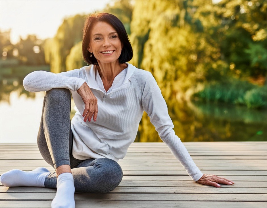 Woman sitting on a wooden deck smiling.
