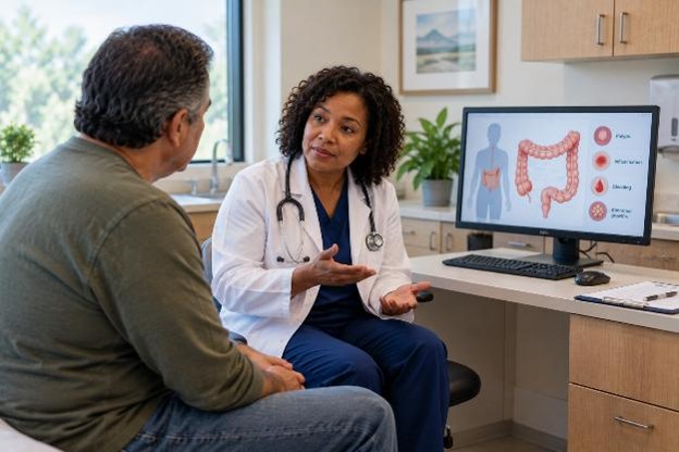 A physician discussing colonoscopy findings with an adult patient.