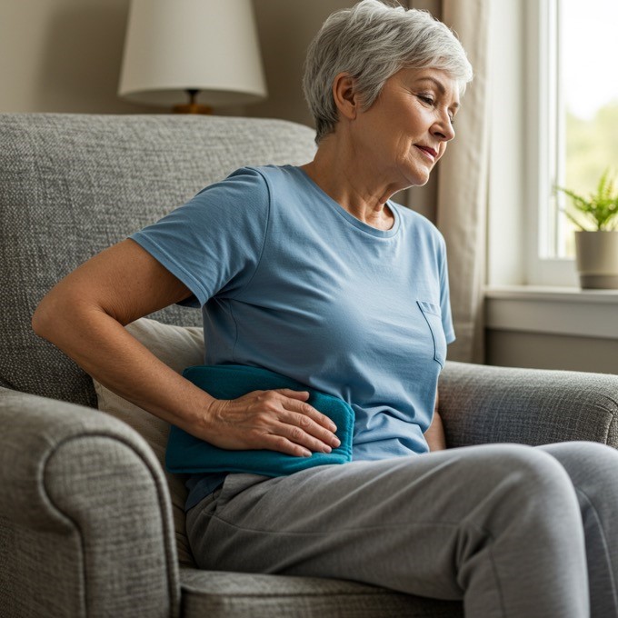 a woman using a heating pad for endometriosis pain relief at home