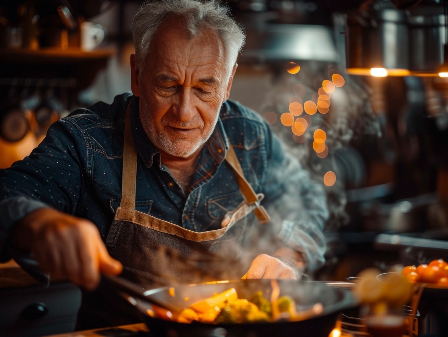 A man in a denim shirt and apron cooks vegetables in a wok over a stove.