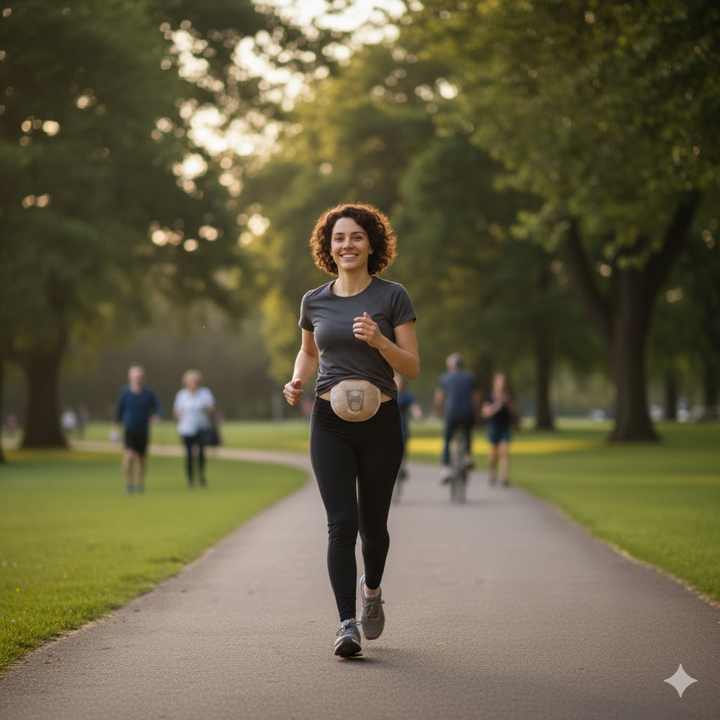 An active, fit woman works out with her colectomy bag.