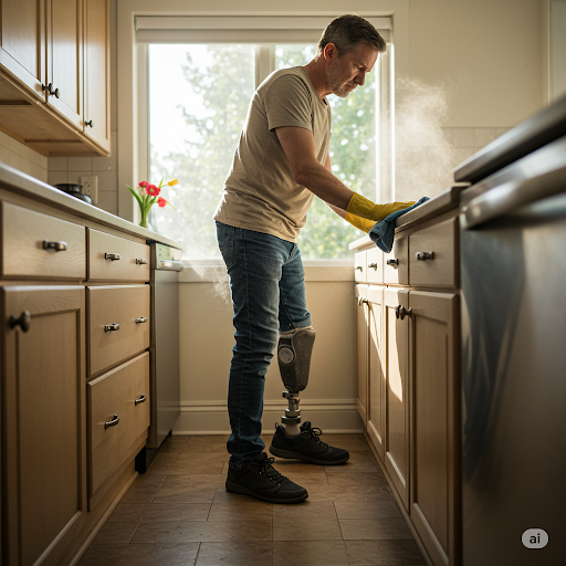 A person with a prosthetic leg works in a kitchen.