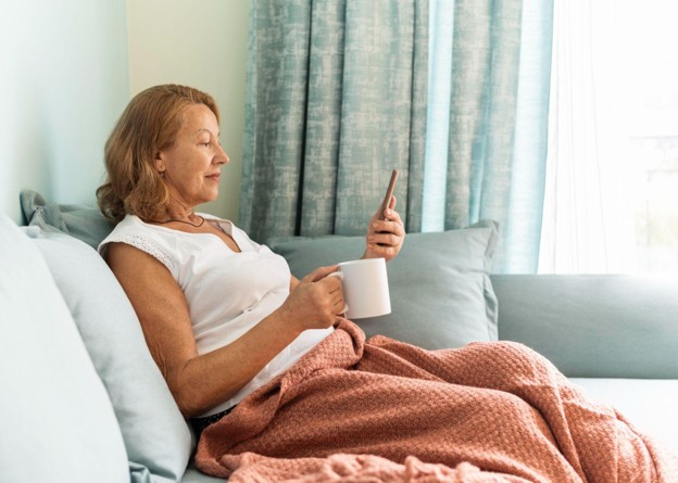 An adult resting comfortably at home while reviewing information during recovery after an outpatient surgical procedure