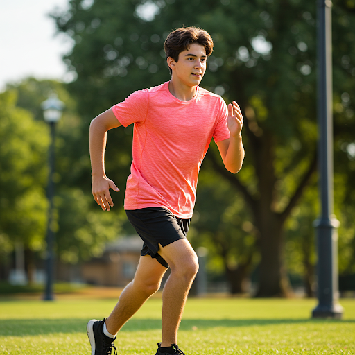 A teen boy runs happily.