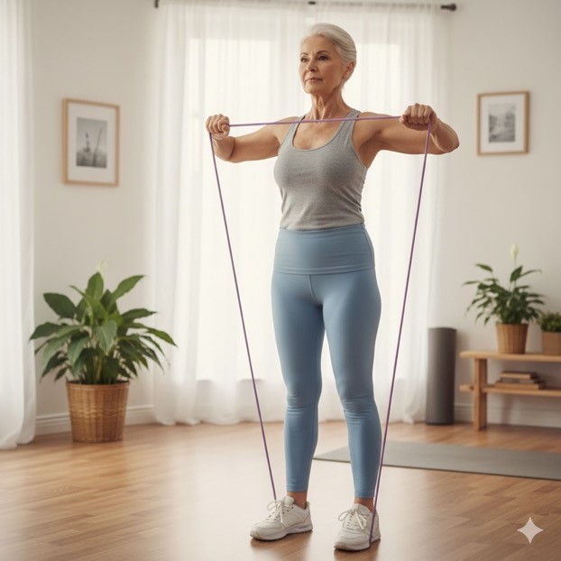 A woman exercises and strengthens her shoulders.
