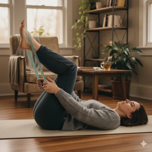 A woman exercises at home.