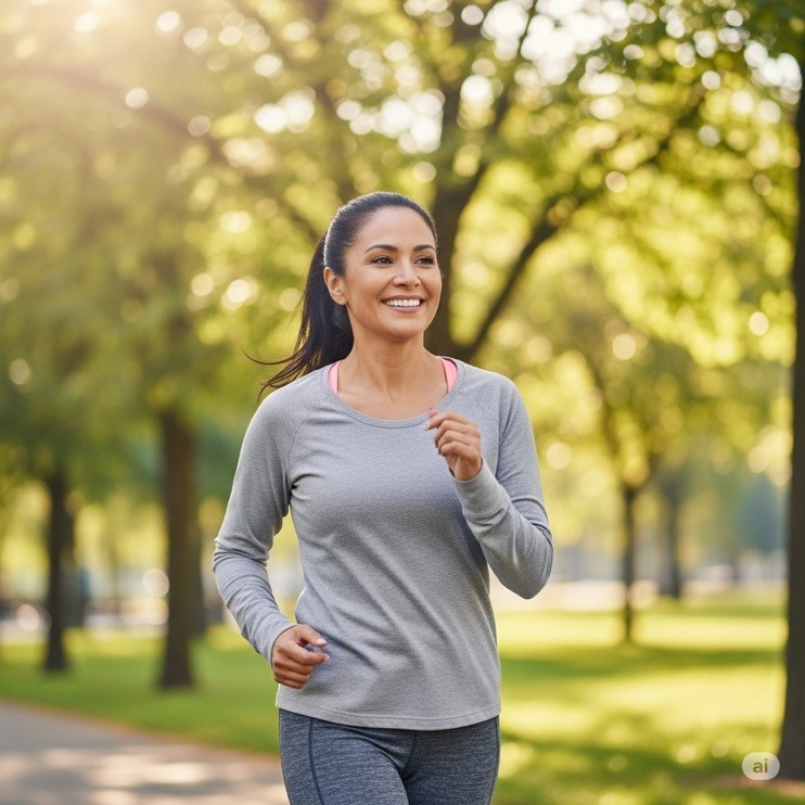 A woman jogs in a park.