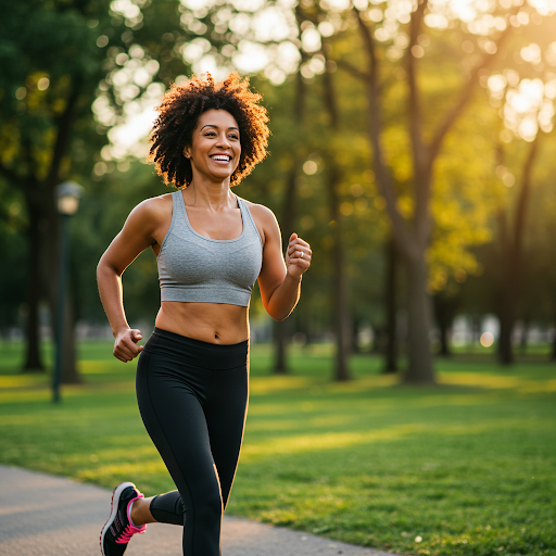 A woman runs outdoors.