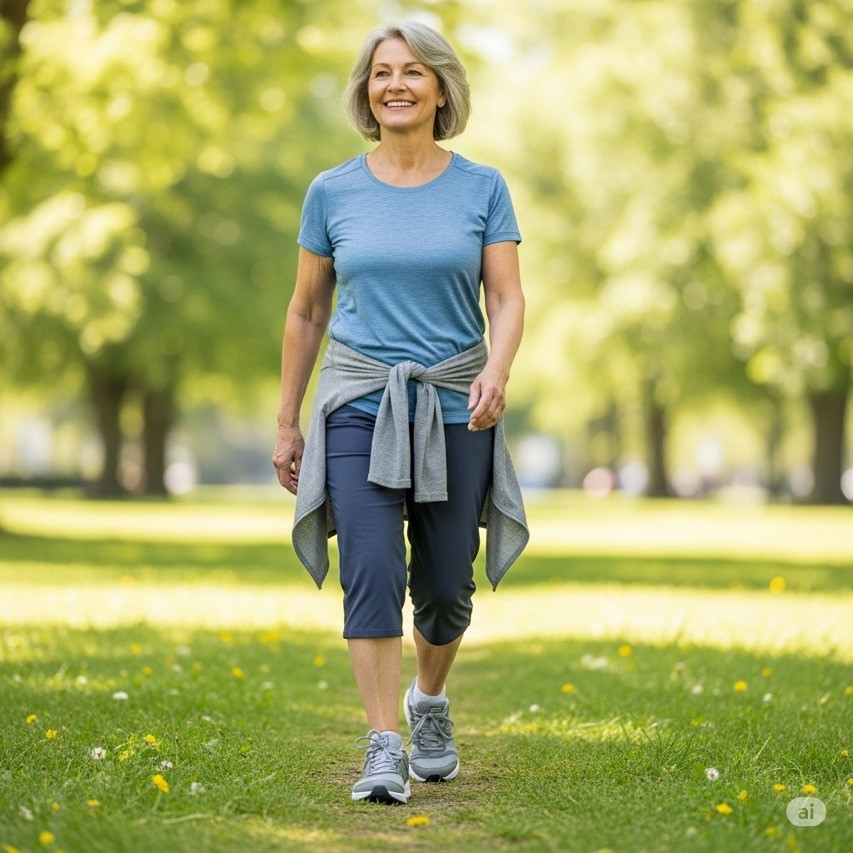 A woman walking wearing comfortable shoes in the park. 