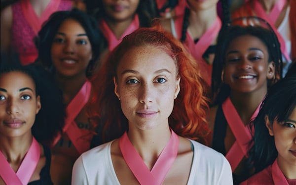 A group of women with pink ribbons around their necks.