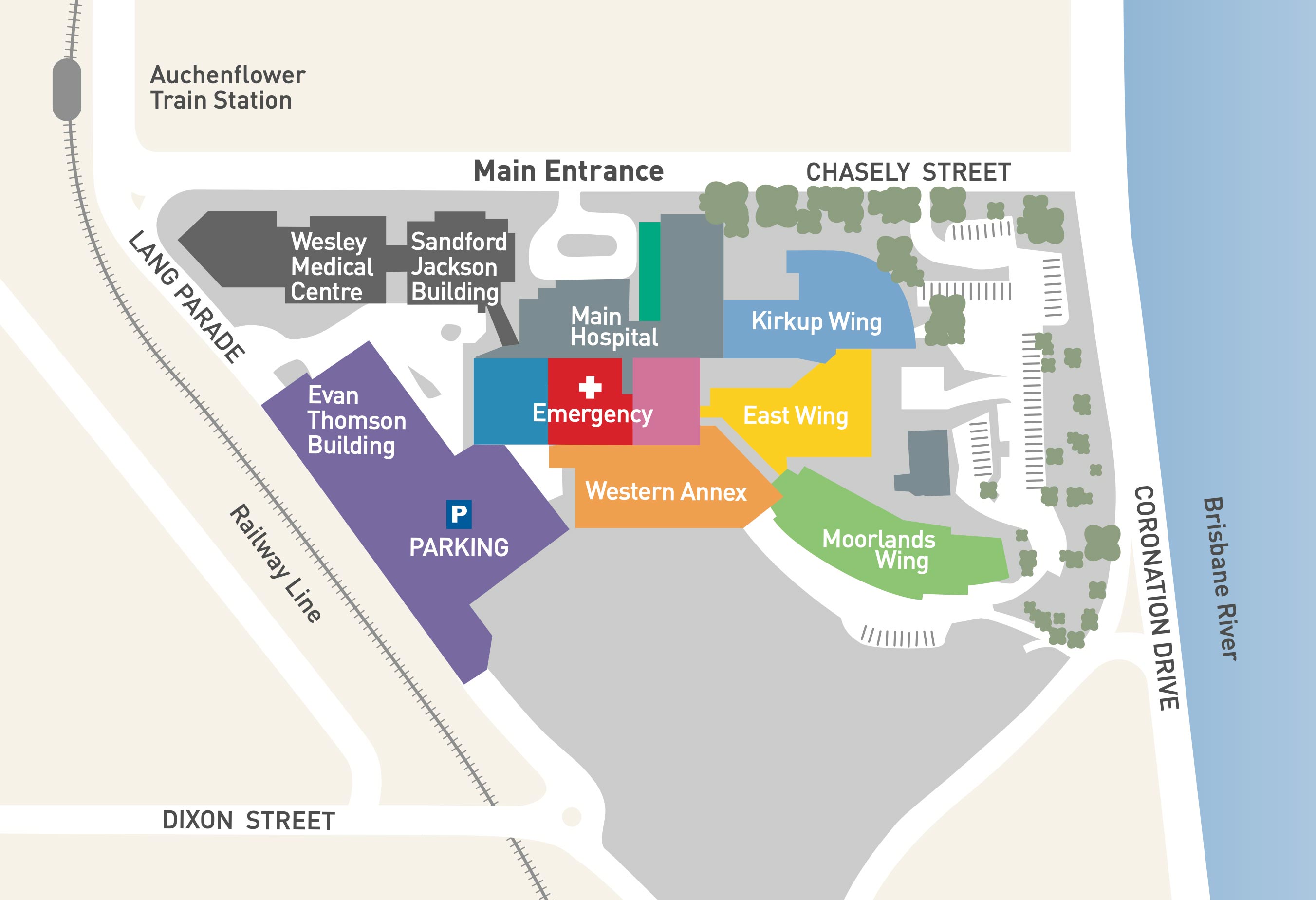 Illustrative map of The Wesley Hospital campus and surrounding roads and landmarks