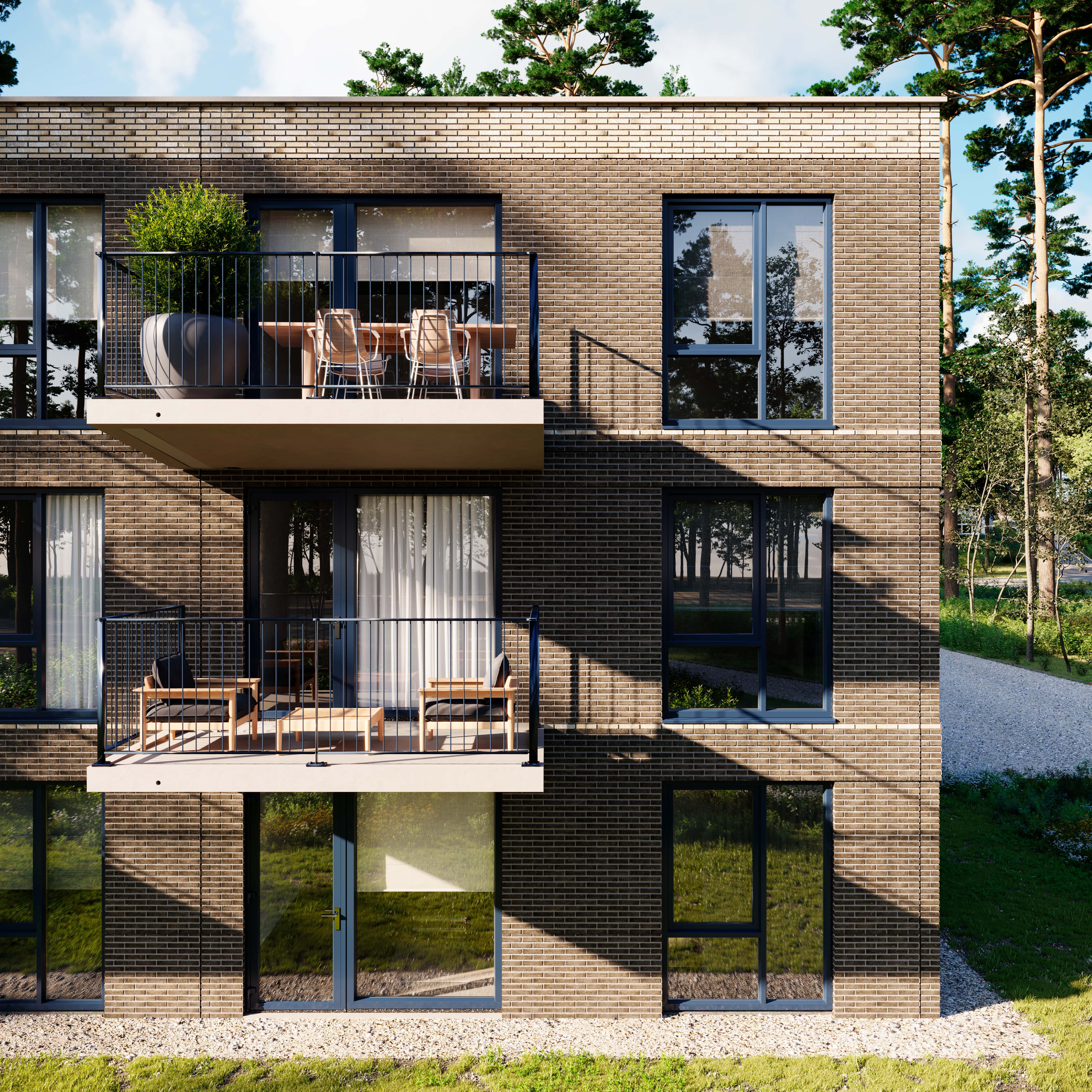 Impressie van een galerij gebouw met uitpandige balkons