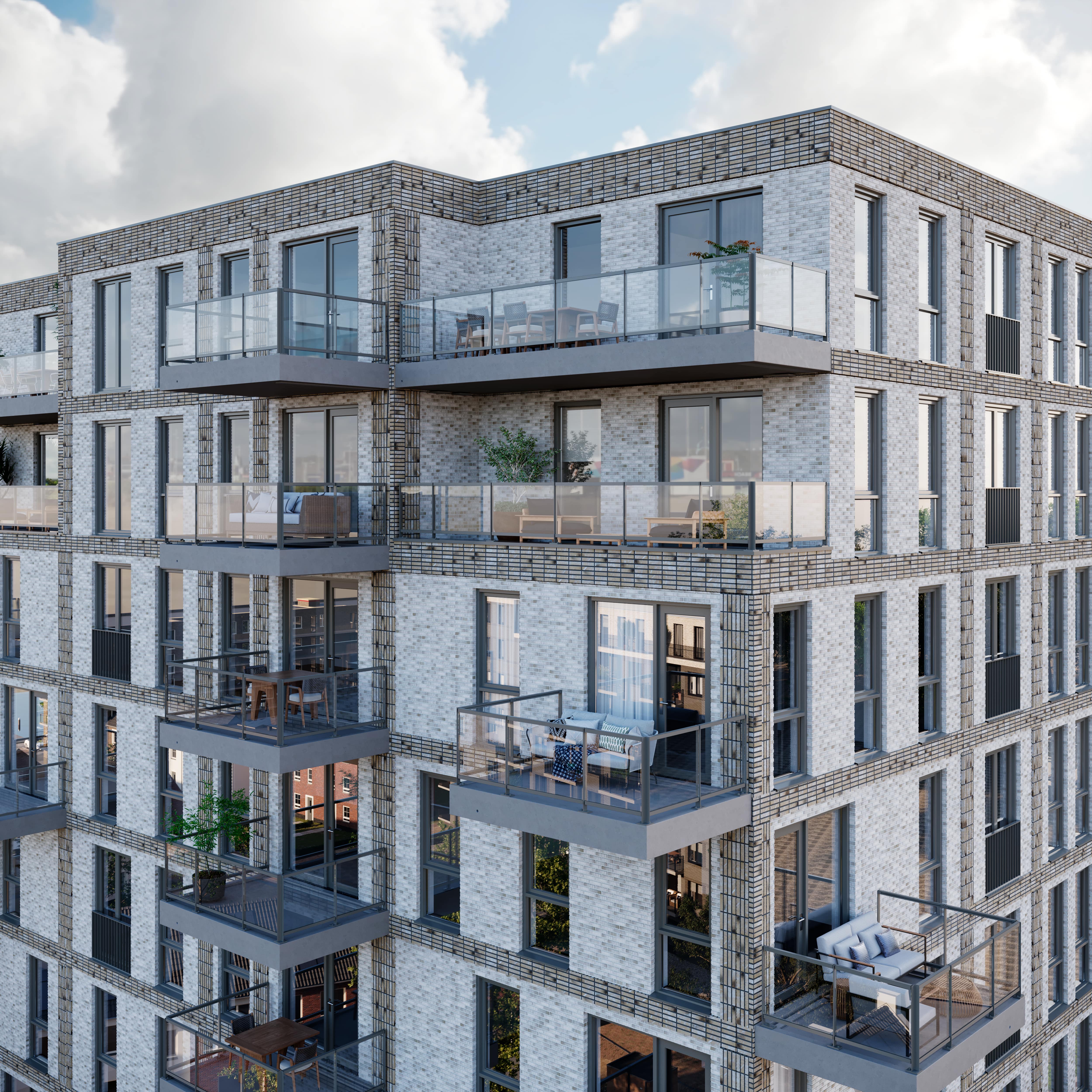 Impressie van een woontoren. Je ziet de bovenkant van de toren met setback balkons