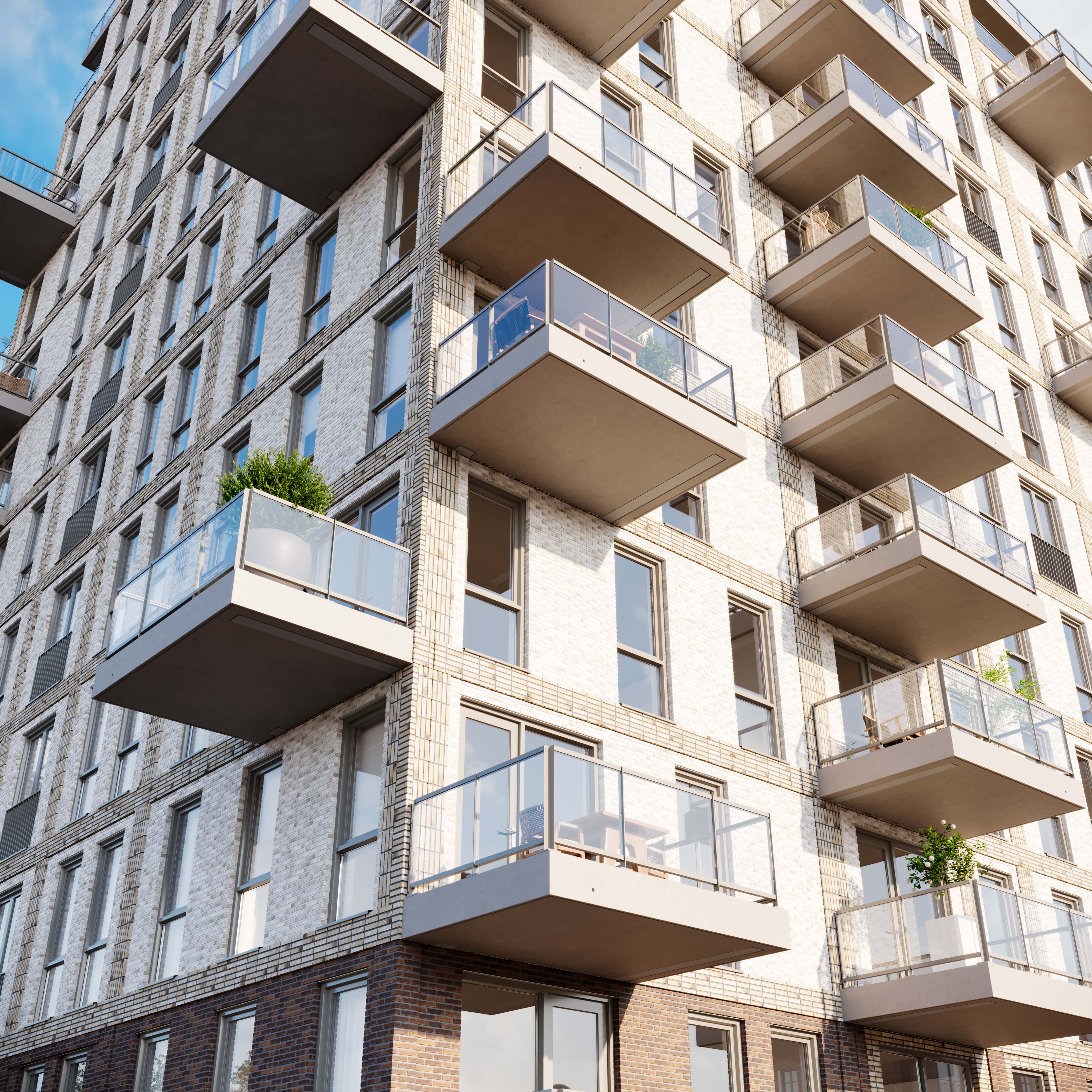 Impressie van een woontoren met uitpandige balkons