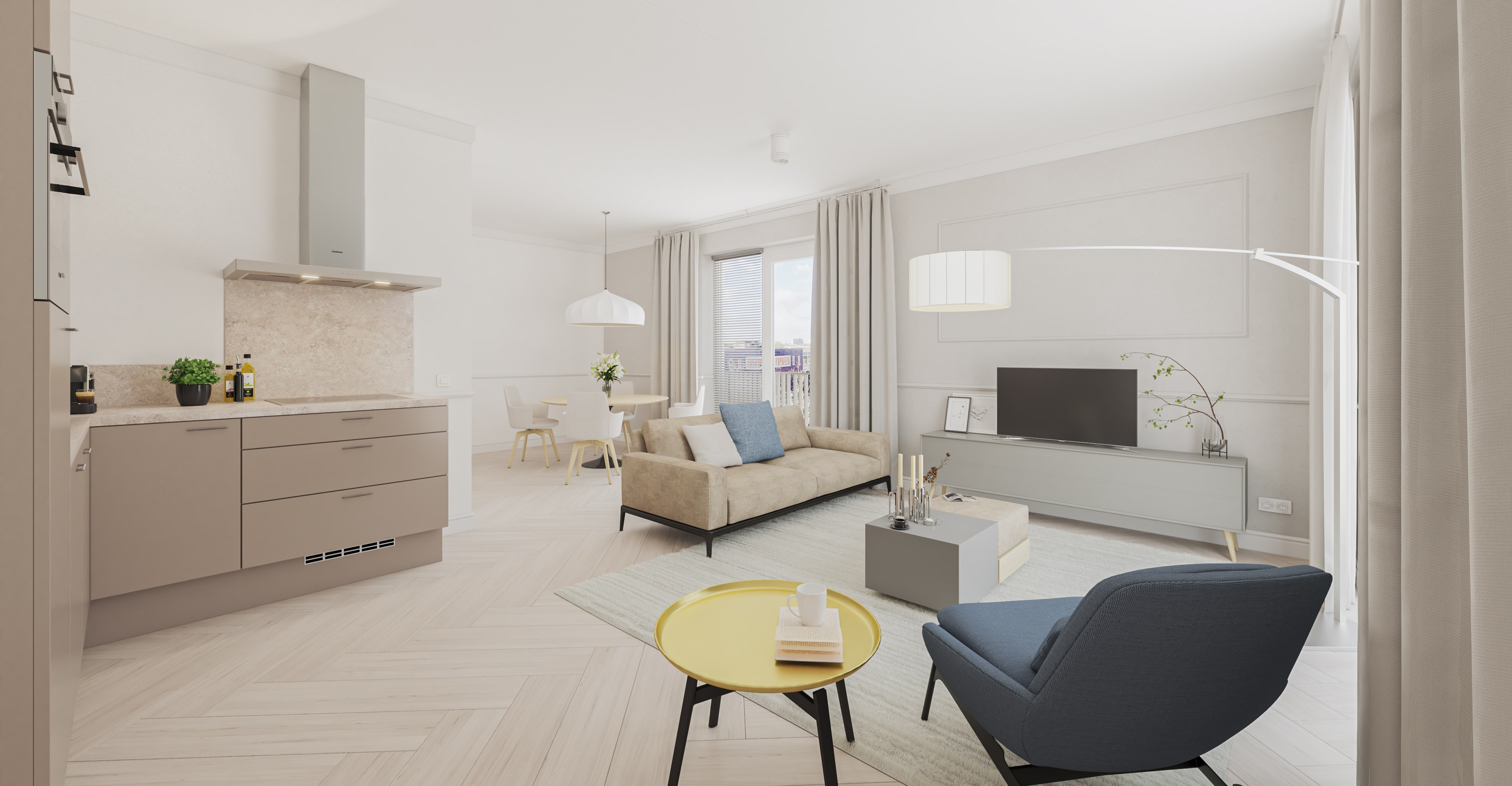Artist Impression - Woontoren - Plattegrond TH2-02 - Woonkamer - Neutrale kleuren - Grijze stoel