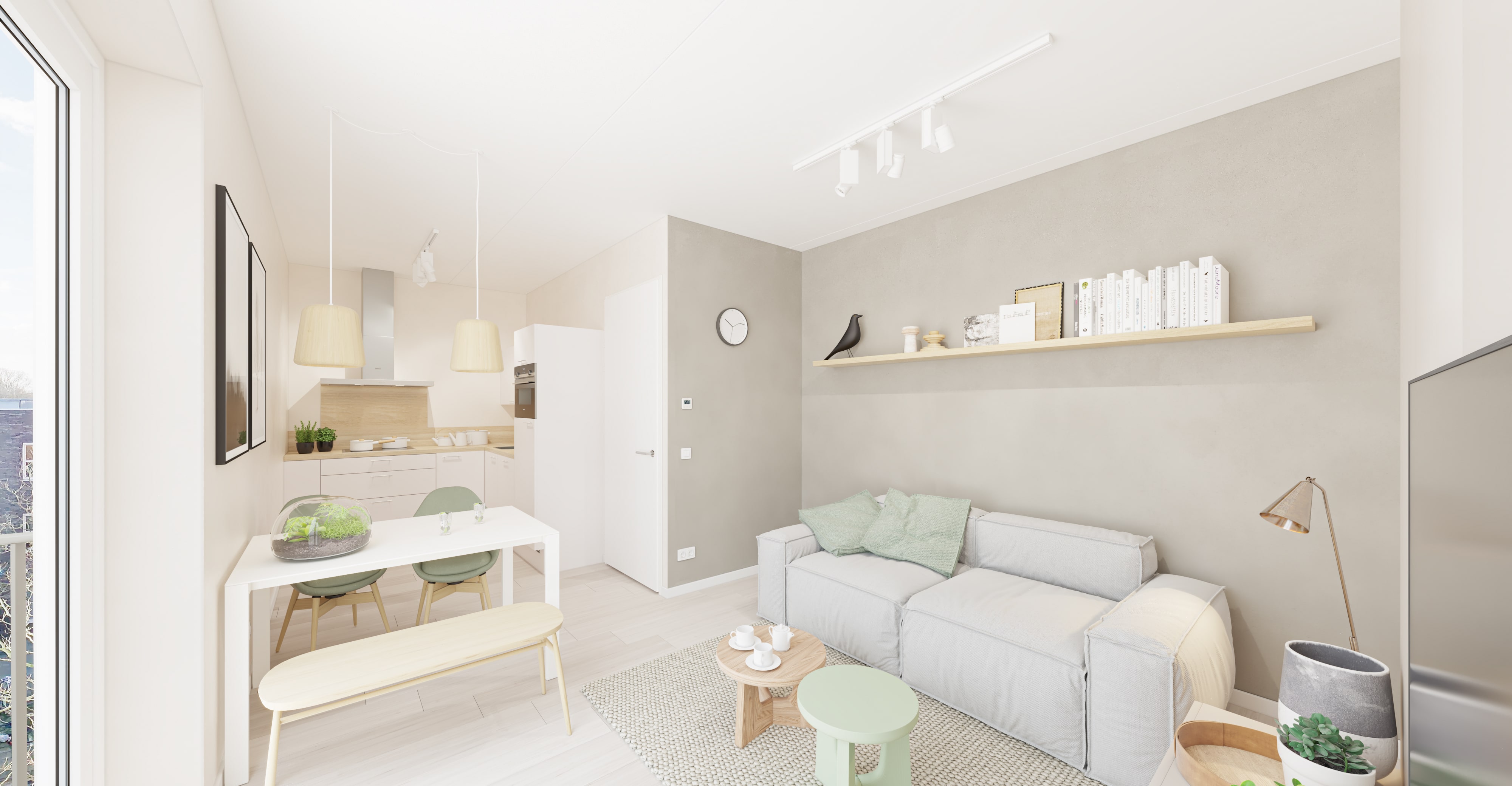 Artist Impression - Woontoren - Plattegrond TS1-01 - Woonkamer - Neutrale kleuren - lichtgrijze bank