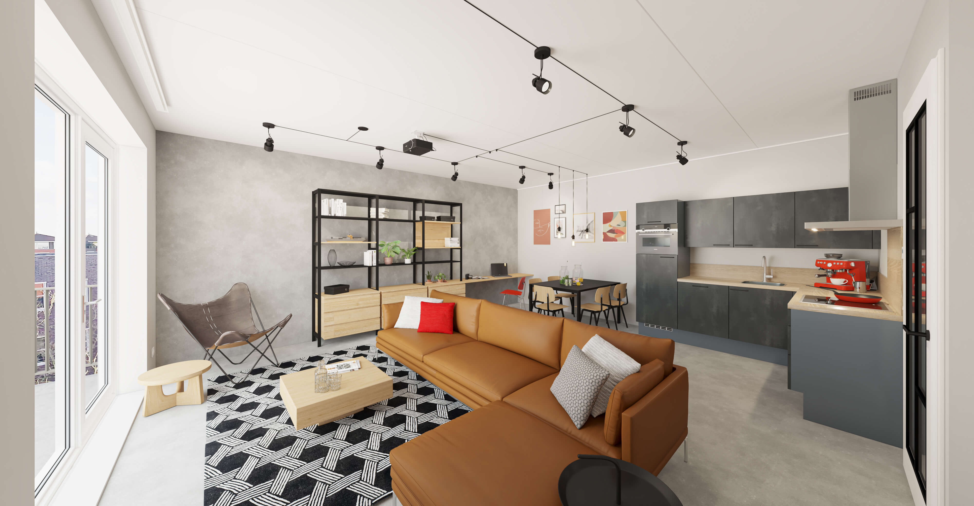 Artist Impression - Woontoren - Plattegrond TT3-02 - Woonkamer - Congnac kleurige bank - grijze keuken