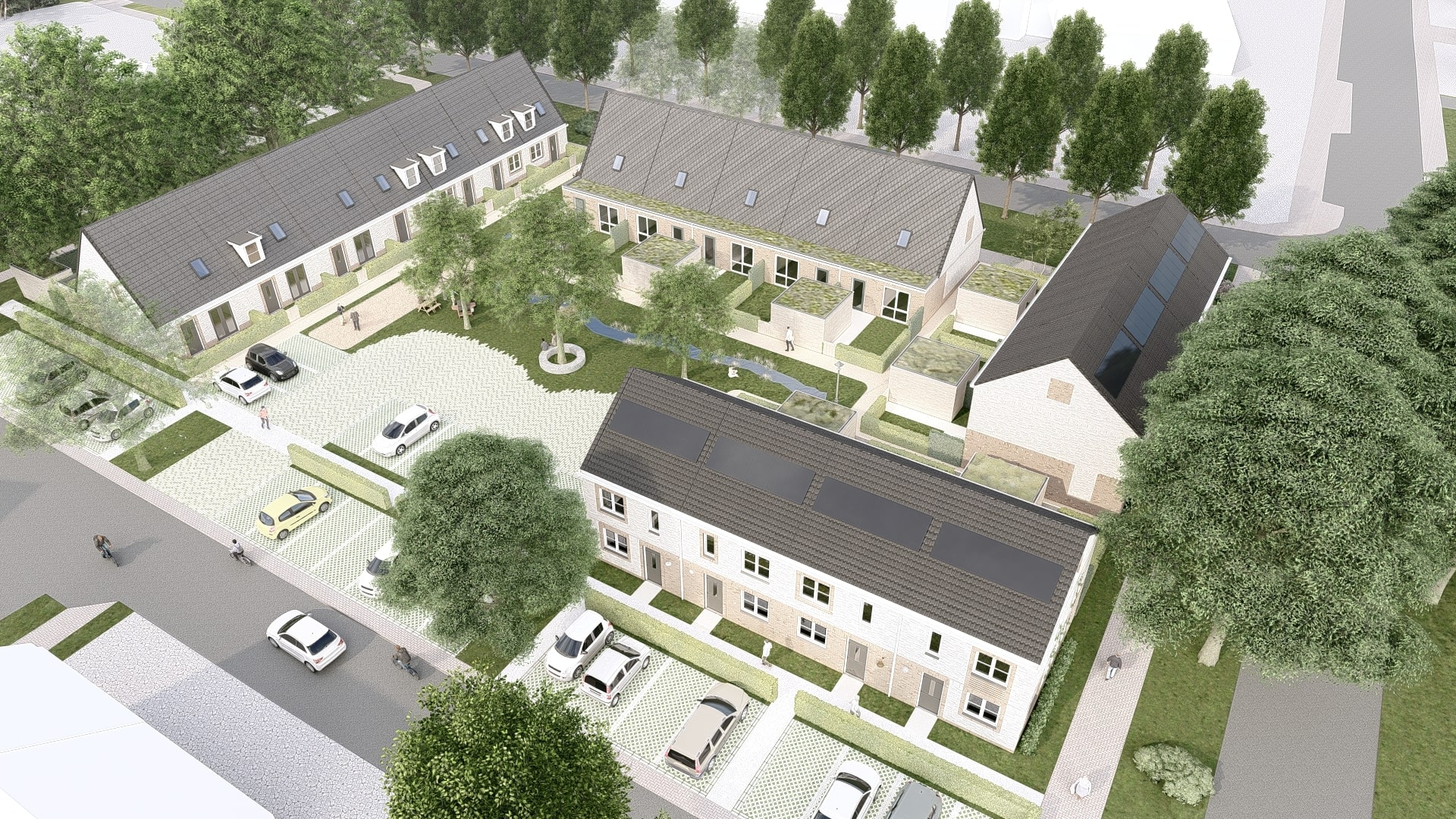 Een artist impression vanuit een birds eye view van het project in Raalte. Je ziet hier het hofje van bovenaf.