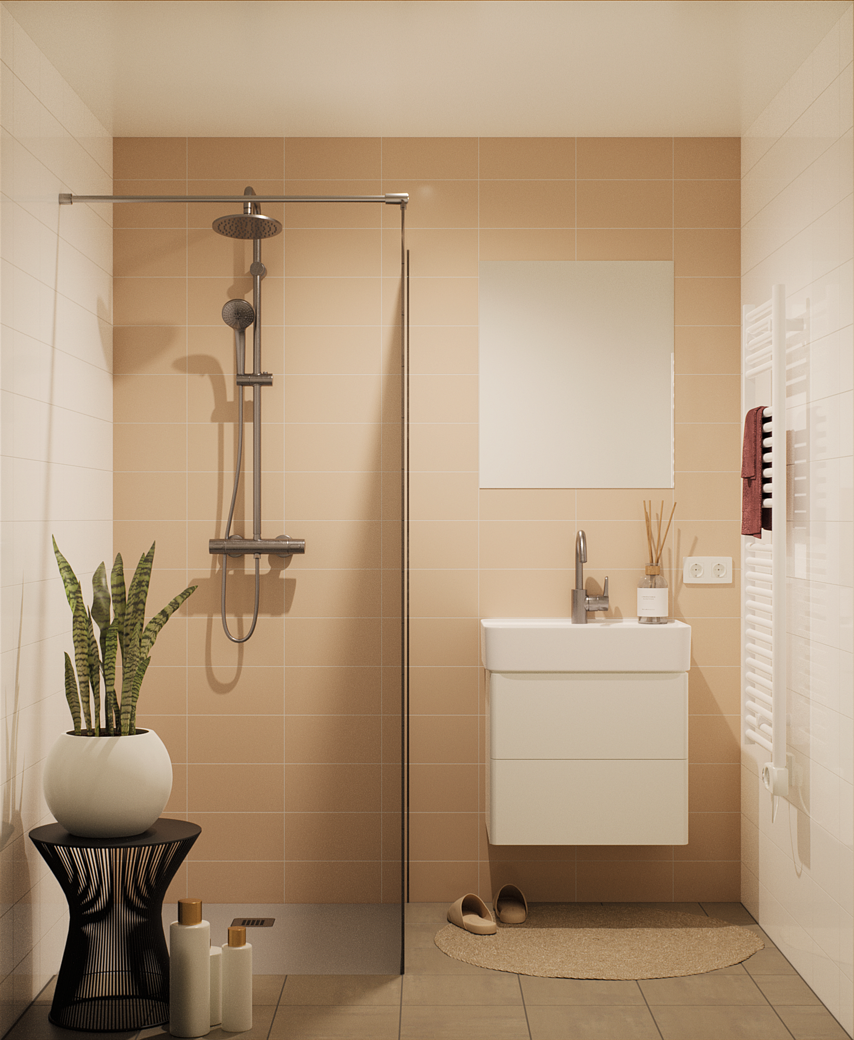 Render van badkamer in appartement - Douche + wastafel + beige tegel Render van badkamer in appartement - Douche + wastafel + beige tegel