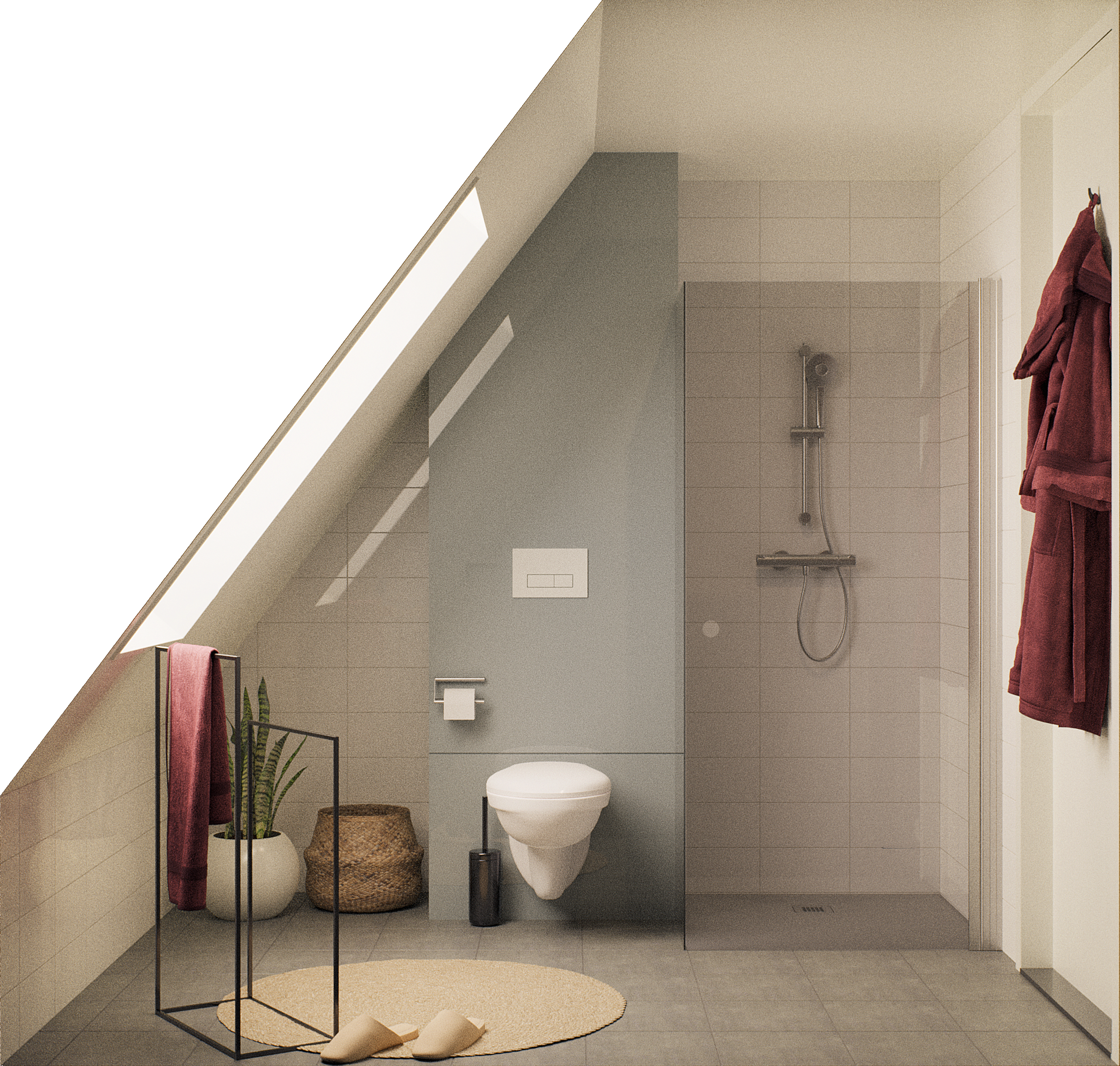 Render badkamer woningserie 1 - comfort - toilet en douche - grijze tegels