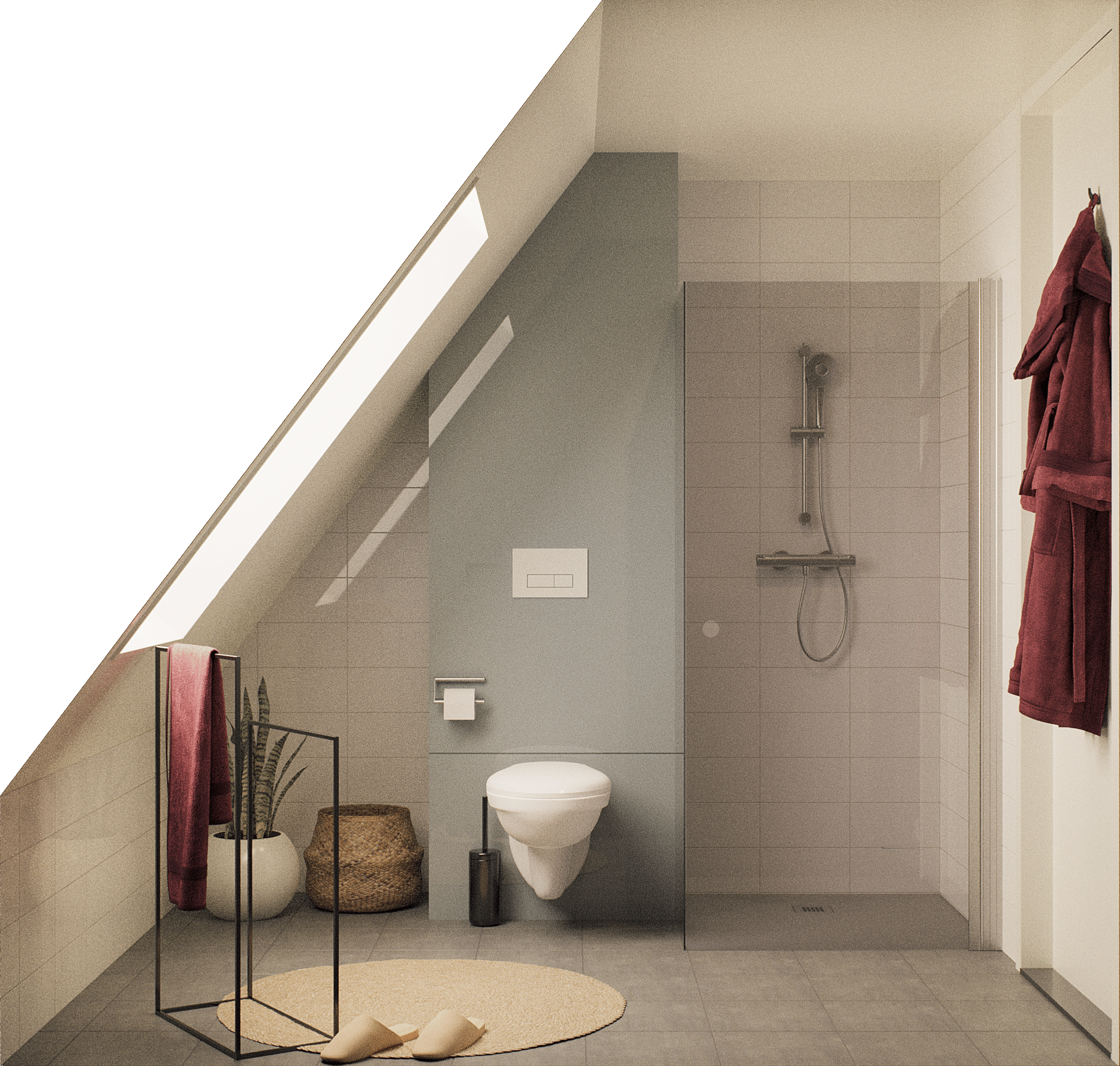 Render badkamer woningserie 1 - comfort - toilet en douche - grijze tegels Render badkamer woningserie 1 - comfort - toilet en douche - grijze tegels